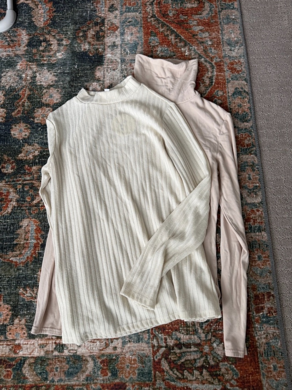 Cream Ribbed Long-Sleeve Top & Blush Turtleneck Layering Set